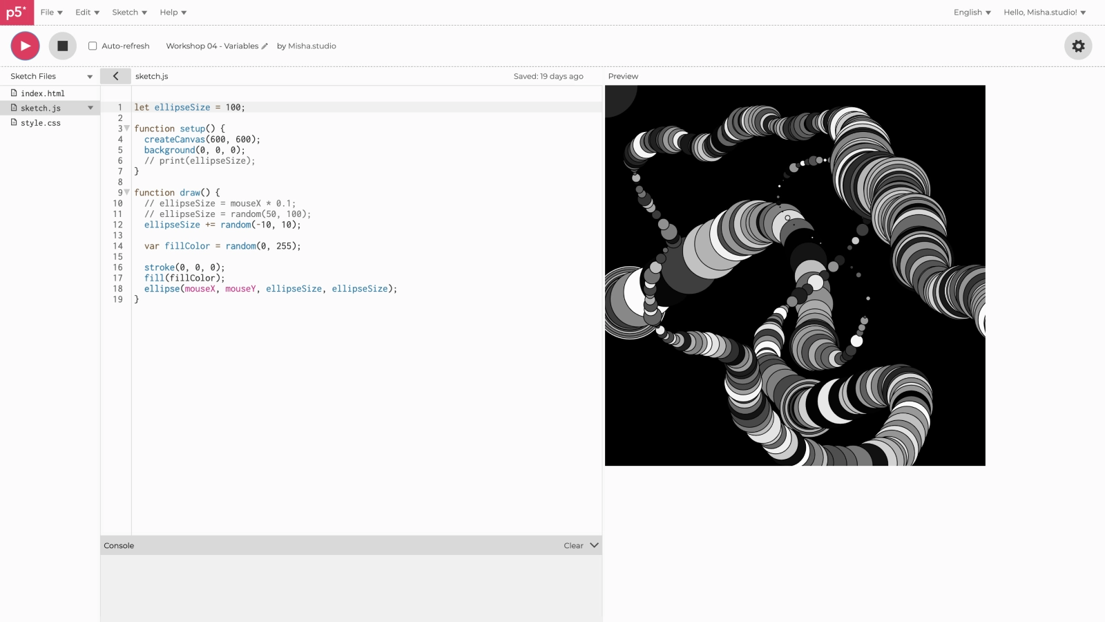 Screenshot of the p5.js editor with a sketch about variables